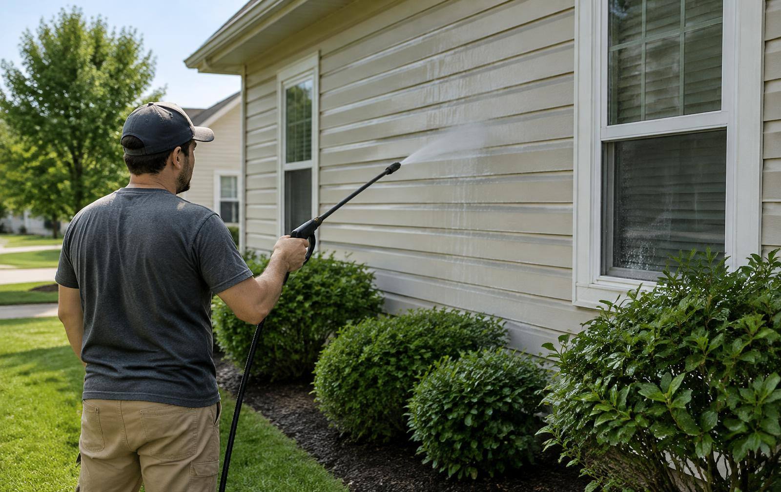 Technician applying a low-pressure soft wash to the siding of a suburban home