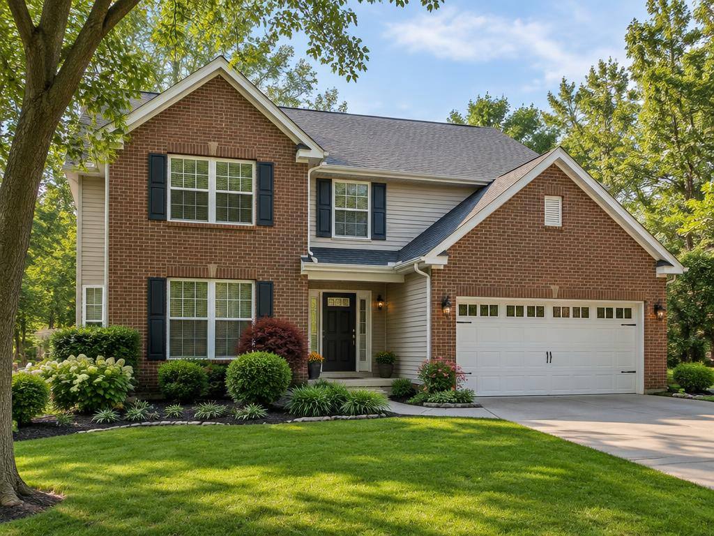 Two-story brick and vinyl siding home with a landscaped front yard