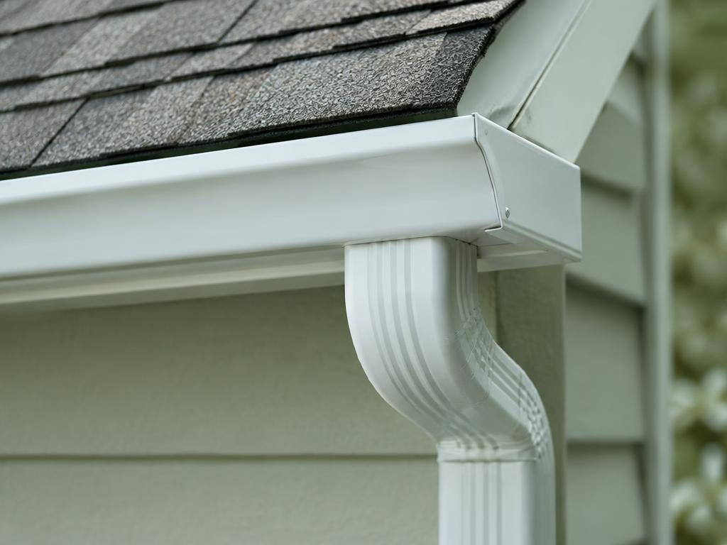 Close-up of a bright white gutter face and downspout under a shingle roof
