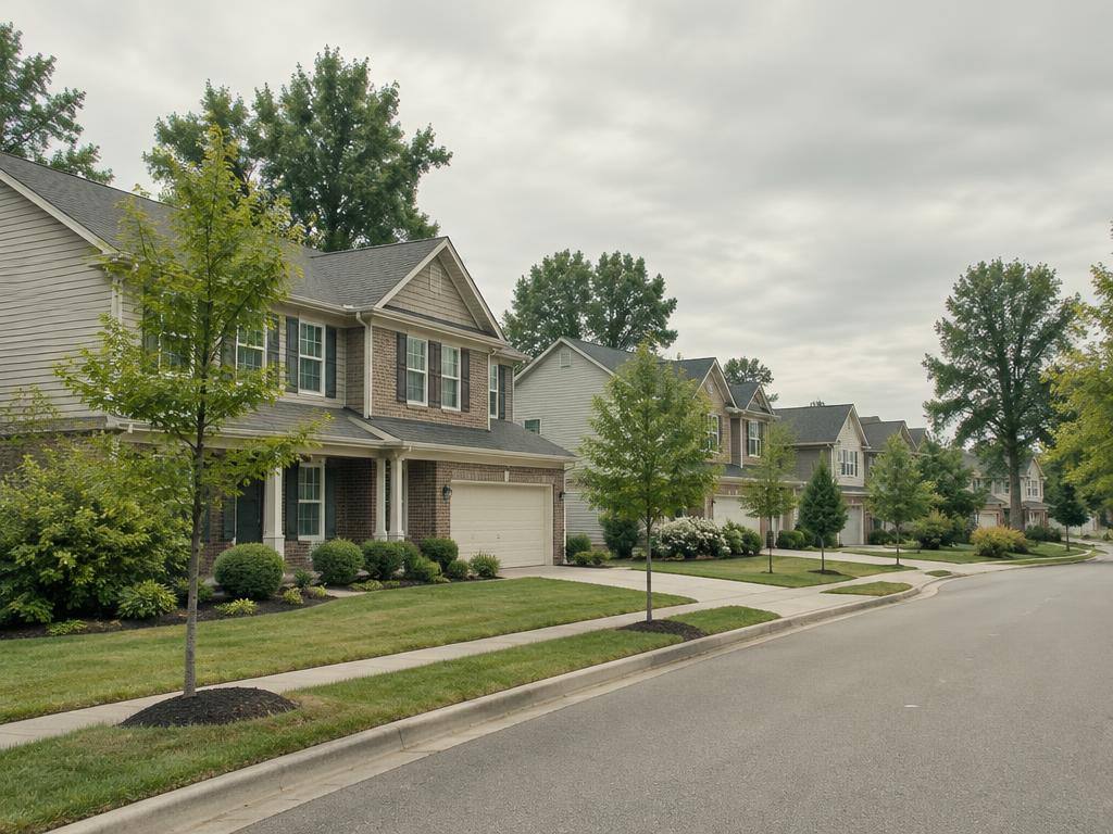 Two-story subdivision homes with vinyl siding and brick accents