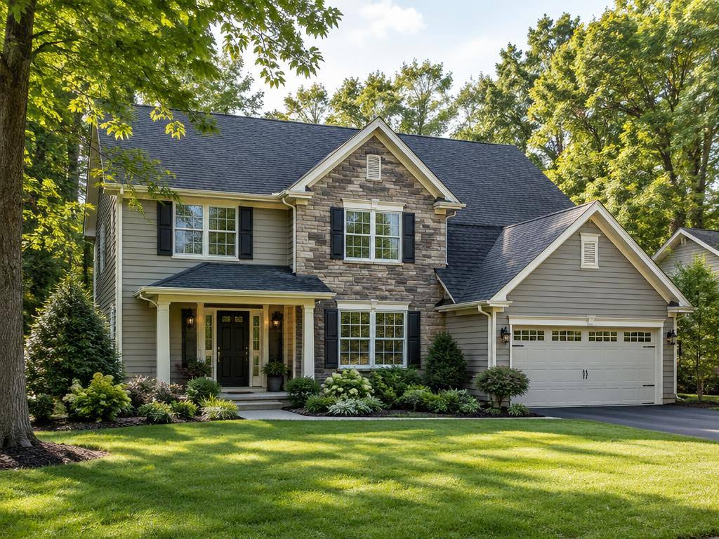 Two-story home with a dark shingle roof surrounded by mature trees