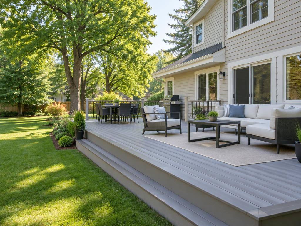 Gray composite deck with patio furniture beside a lawn