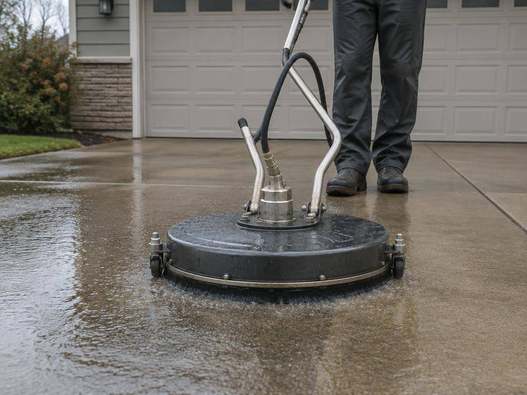 Surface cleaner power washing a concrete driveway