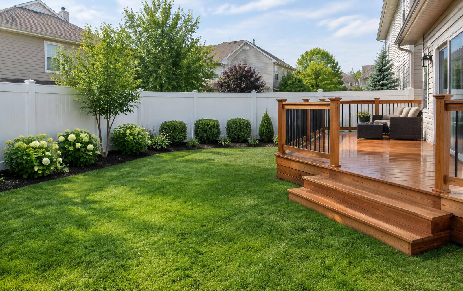 Clean white vinyl fence and cedar deck in a backyard
