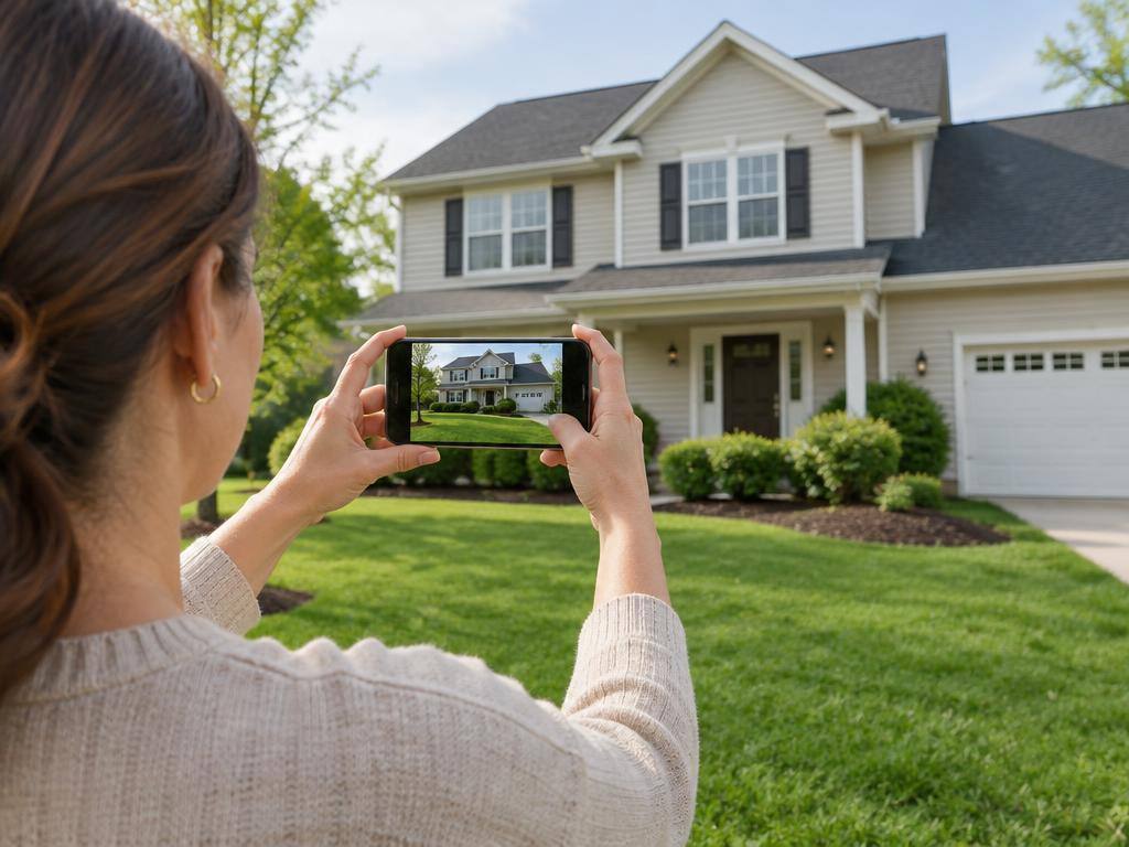 Person holding up a phone to photograph a two-story house from the lawn