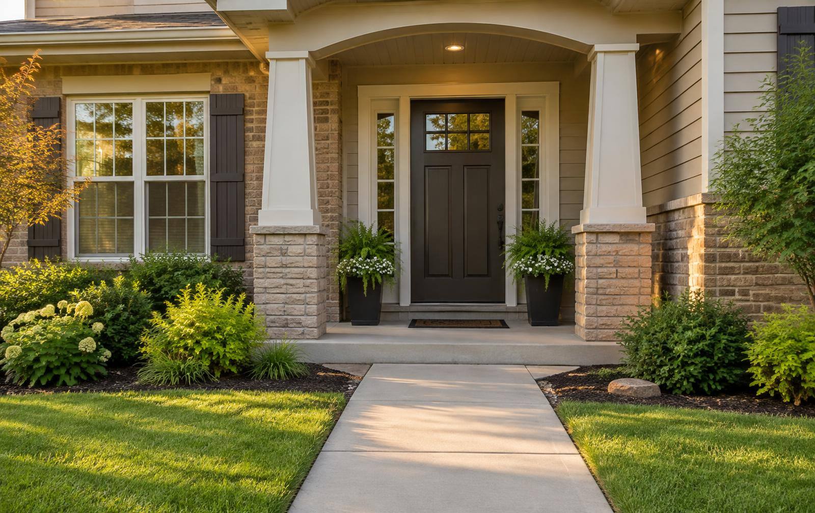 Front entry and walkway of a brick and siding home