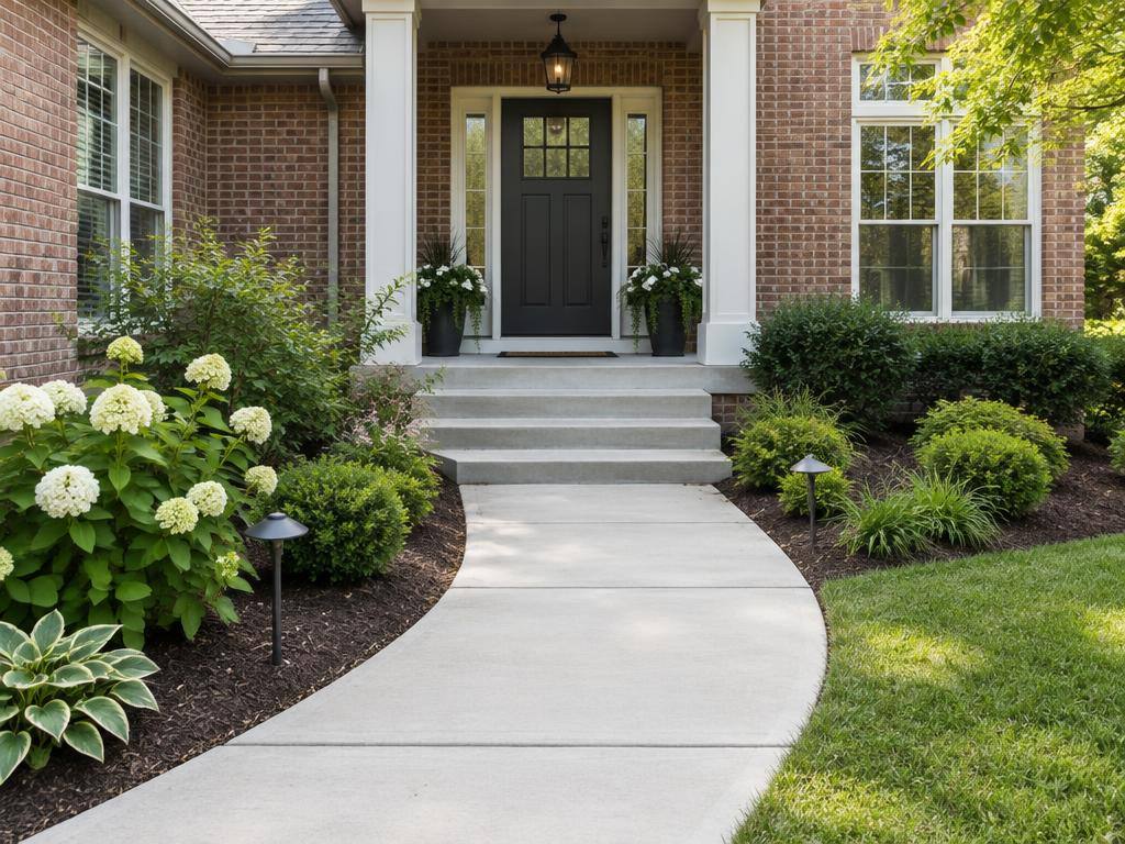 Concrete front walkway and steps leading to a brick home entry