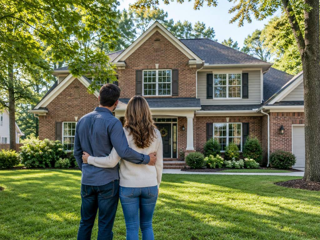 Couple standing on a lawn looking at a clean brick and siding home