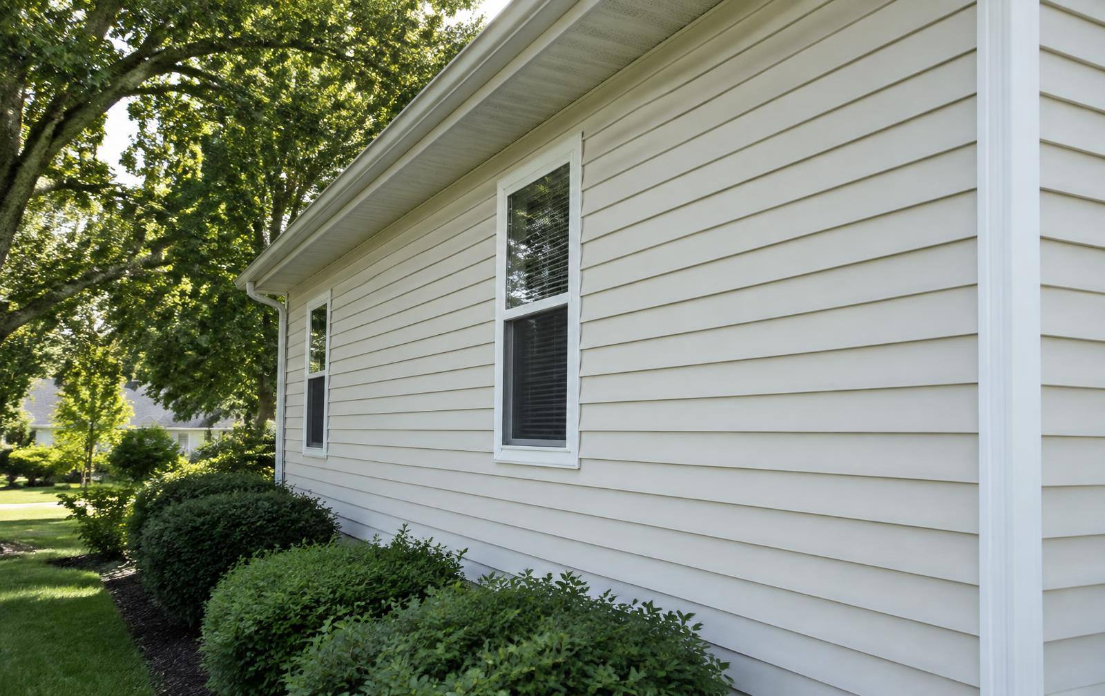 Pale vinyl siding and white trim on the side of a home