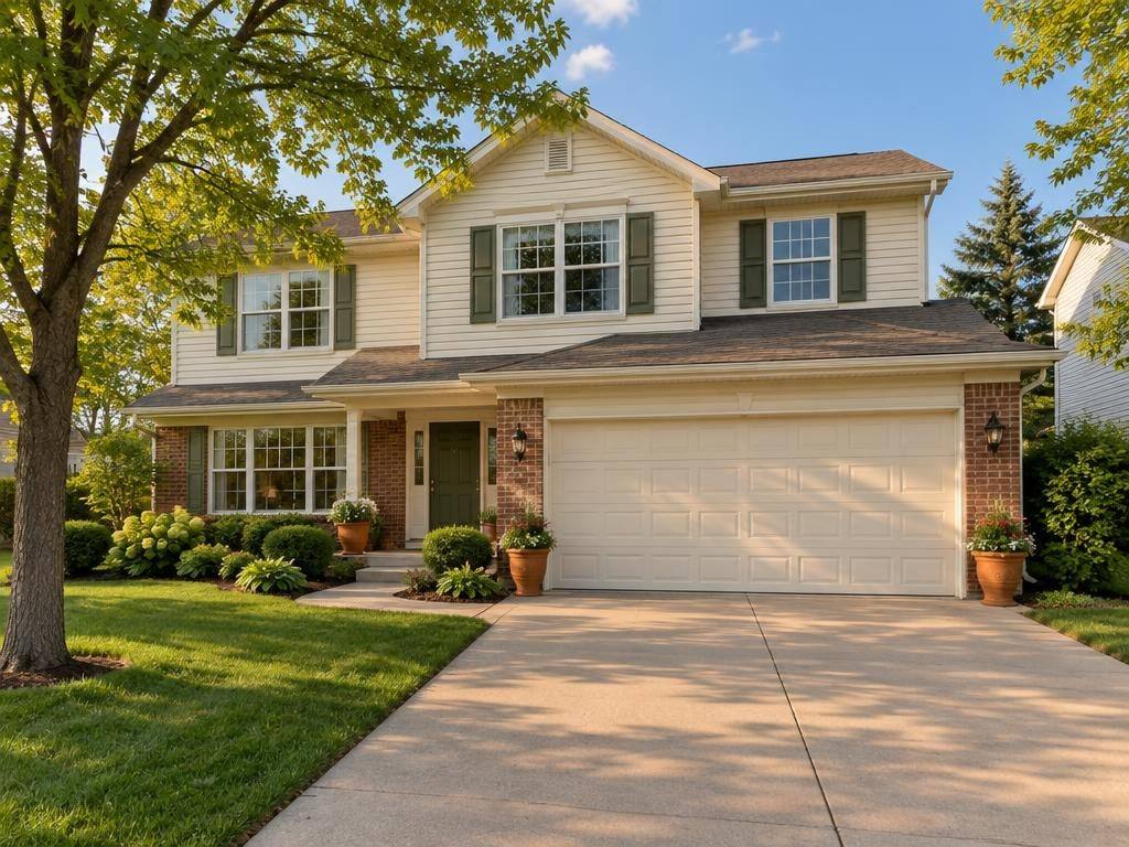 Two-story home with vinyl siding and an attached two-car garage