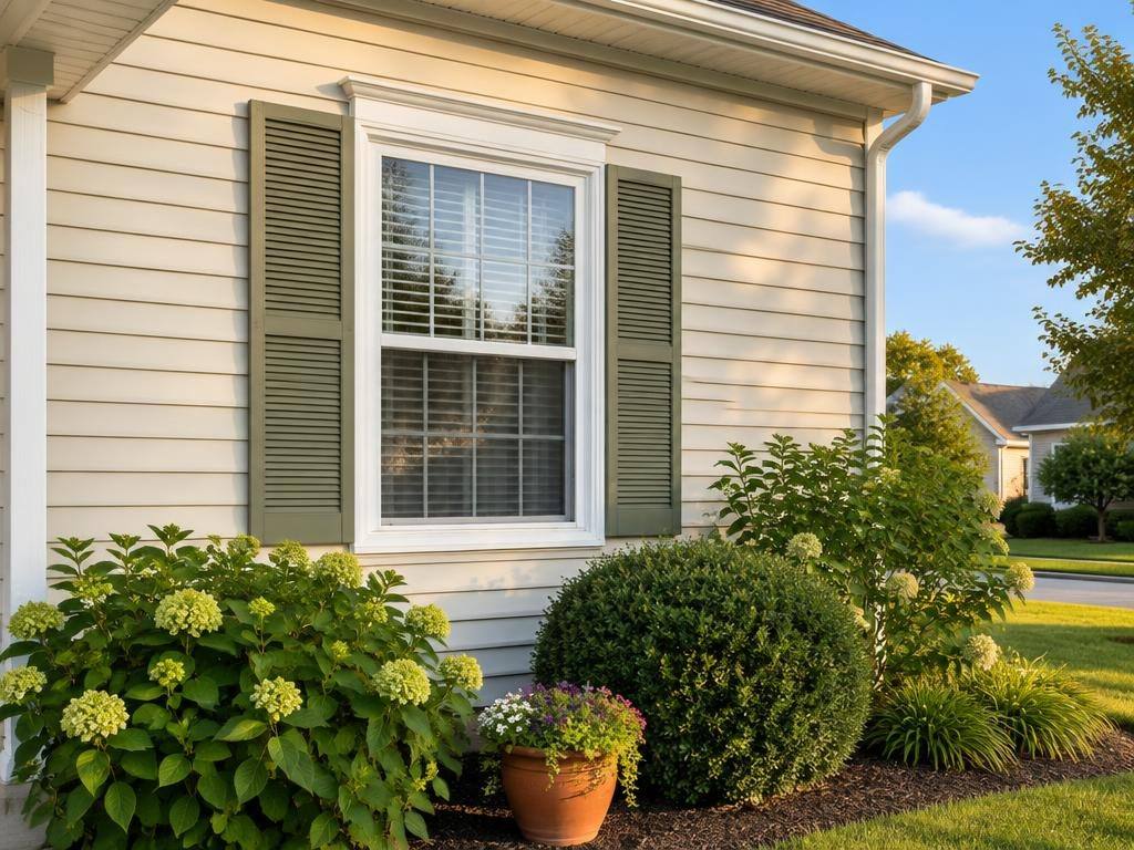 Light vinyl siding with a white-trimmed window above shrubs