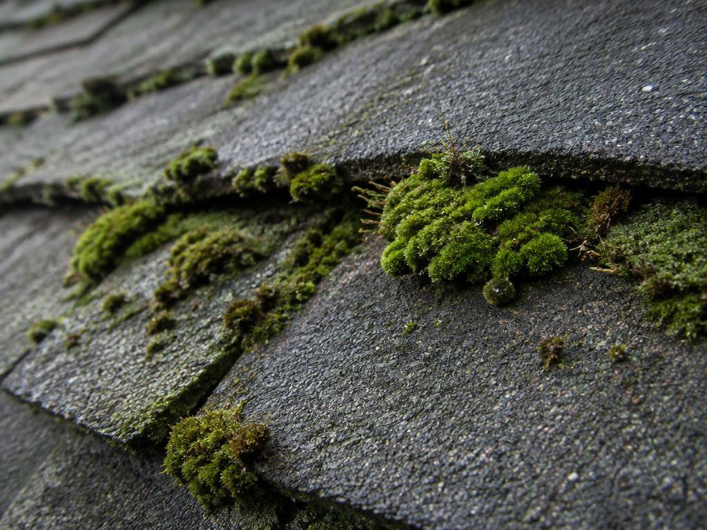 Example of moss growing on shaded asphalt shingles