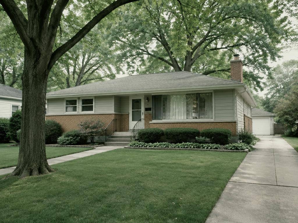 Brick-front ranch home with light siding under tall parkway trees