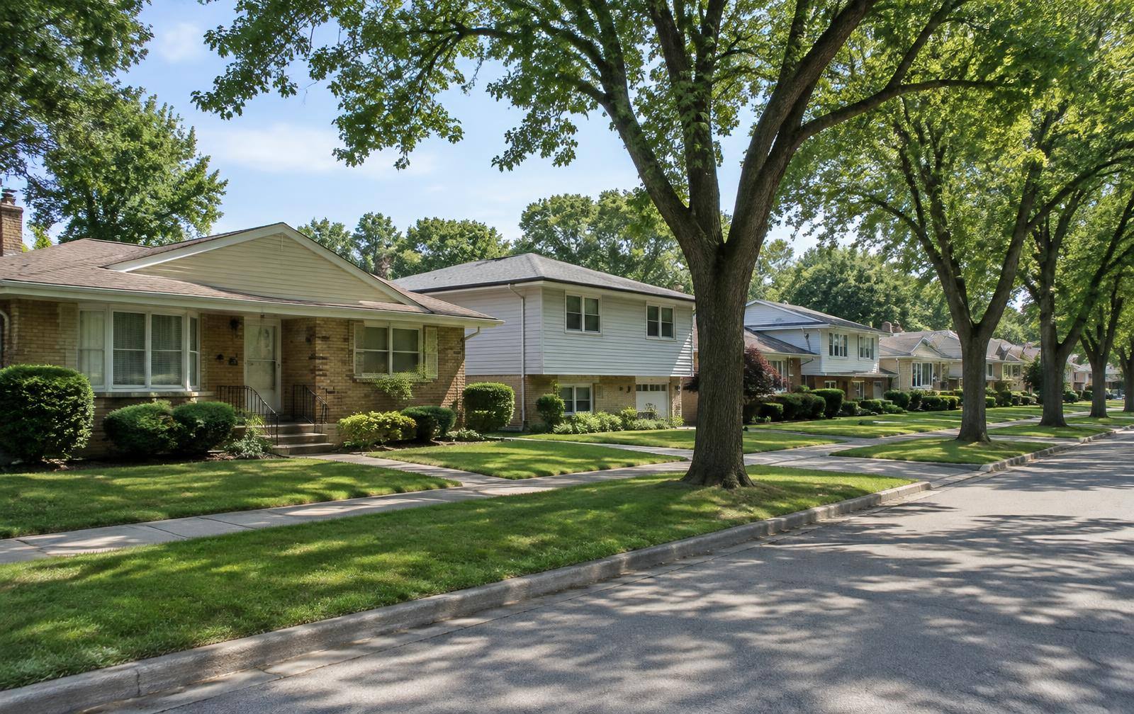Street of brick and siding homes with a split-level house under mature trees