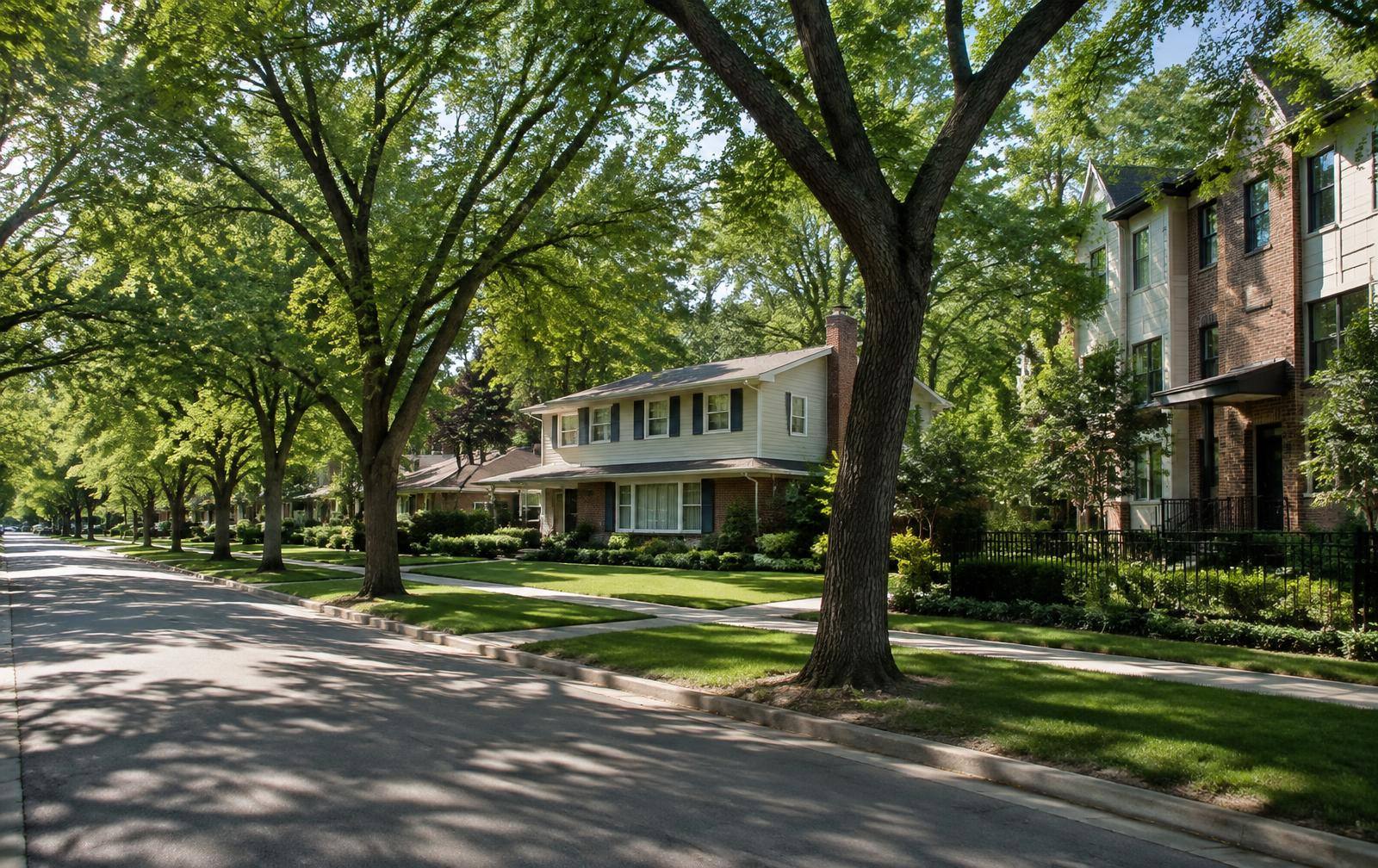 Tree-shaded street with two-story homes and a brick house