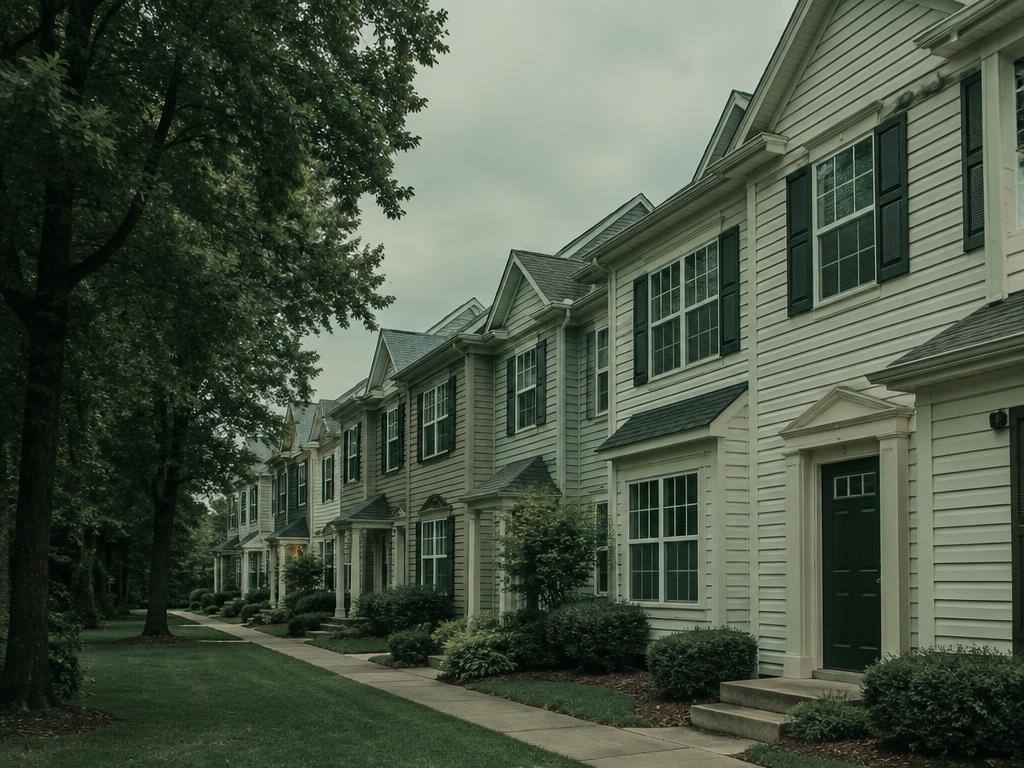 Row of townhomes with vinyl siding, one side shaded by tall trees