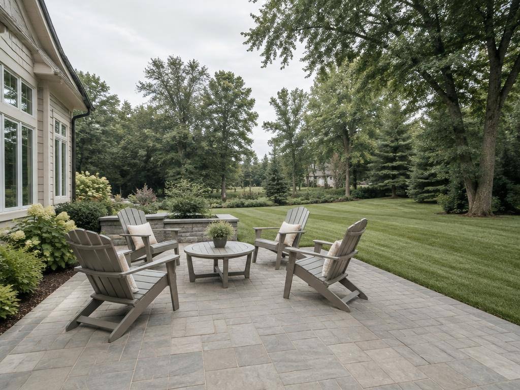 Gray paver patio with outdoor chairs beside a lawn