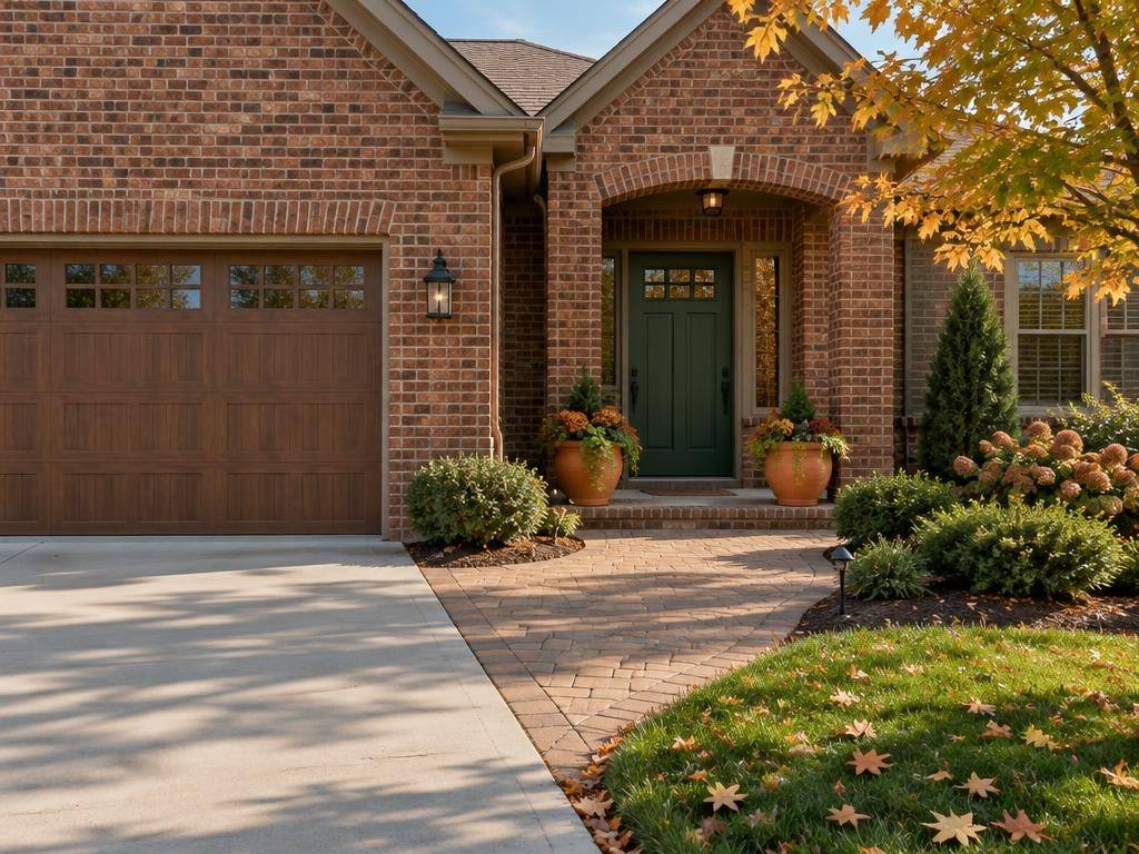 Concrete driveway and paver walkway leading to a brick home entry