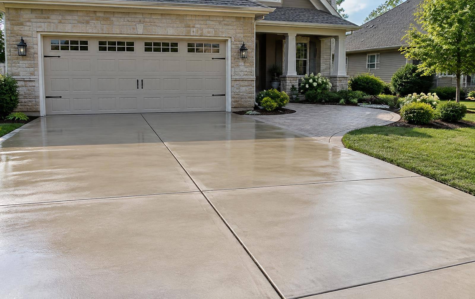 Concrete driveway and paver walkway in front of a garage