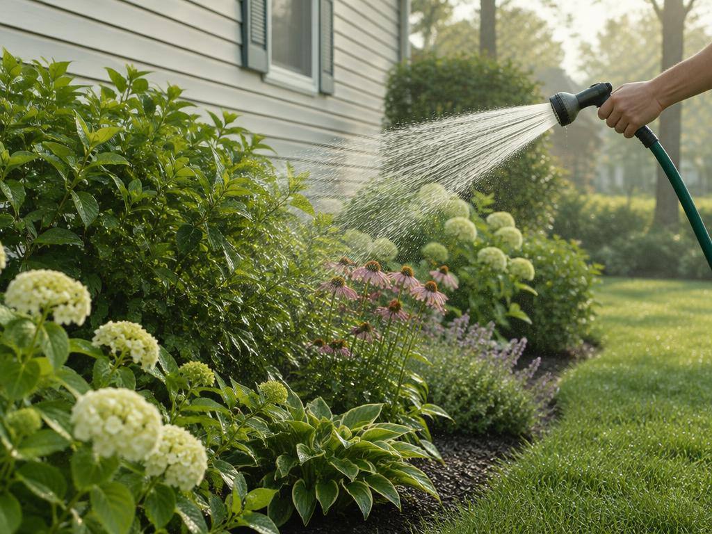 Shrubs and lawn soaked with a garden hose before a soft wash
