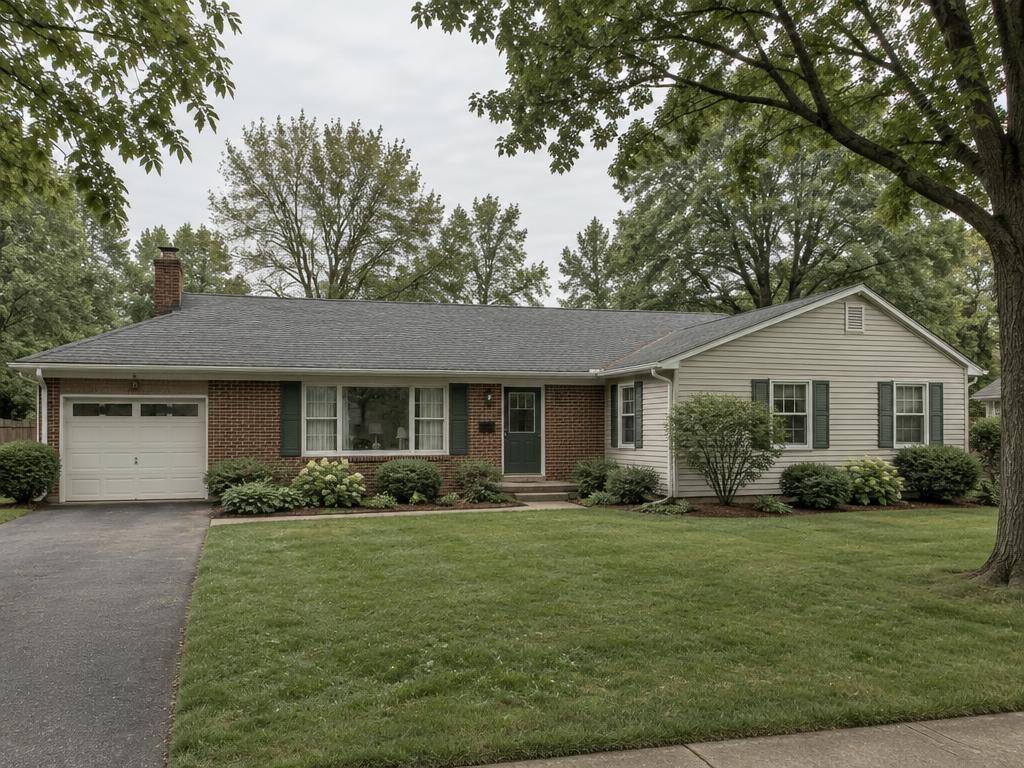 Single-story brick ranch with a vinyl-sided addition and a shingle roof