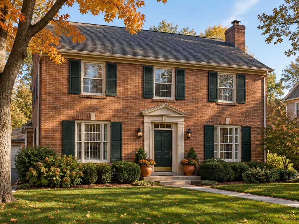 Dark asphalt shingle roof on a brick home under mature trees