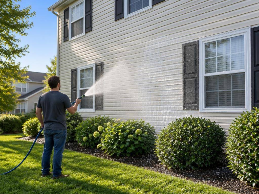 Low-pressure soft wash fan spray on the siding of a two-story home
