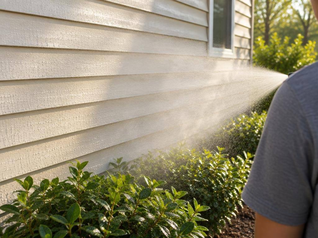 Wide, low-pressure fan spray on siding, the soft wash method