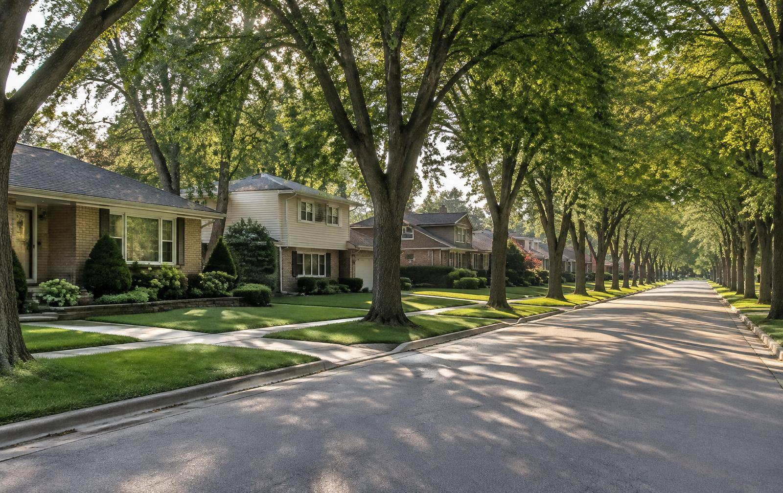 Tree-lined street with suburban homes