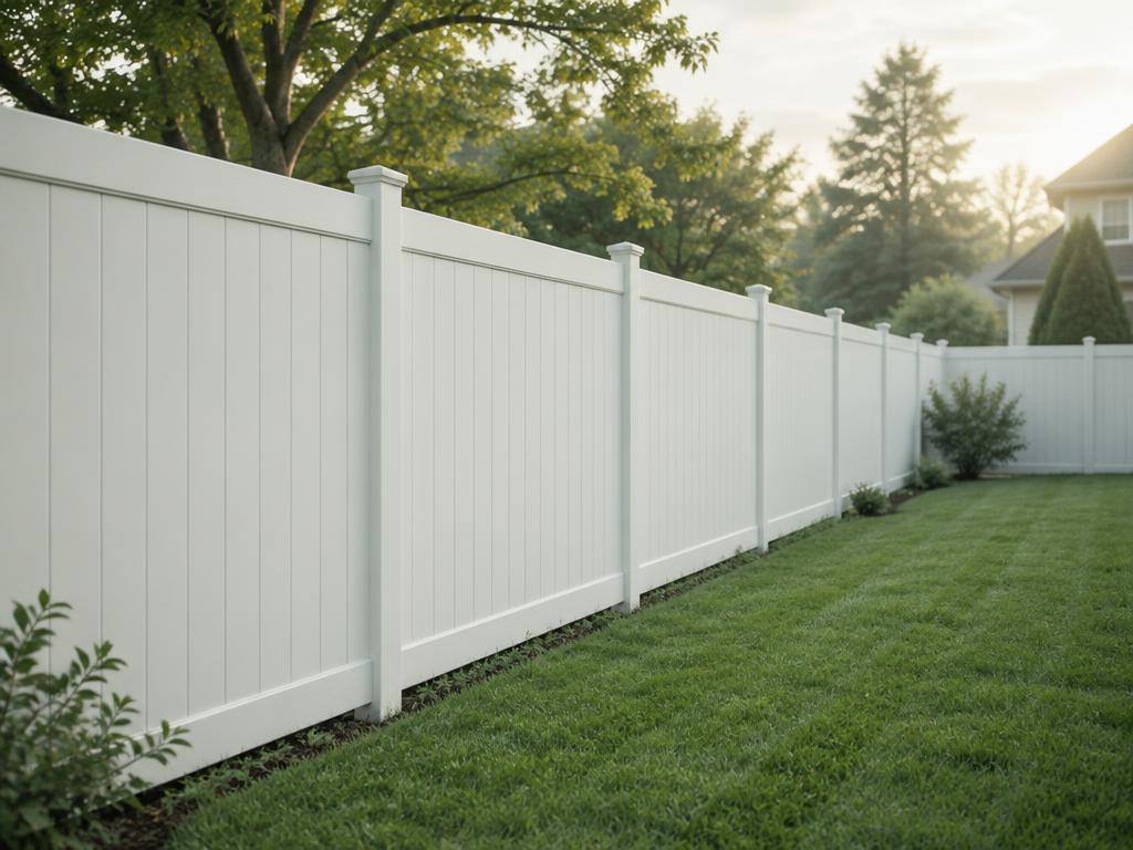 White vinyl fence panels along a green lawn