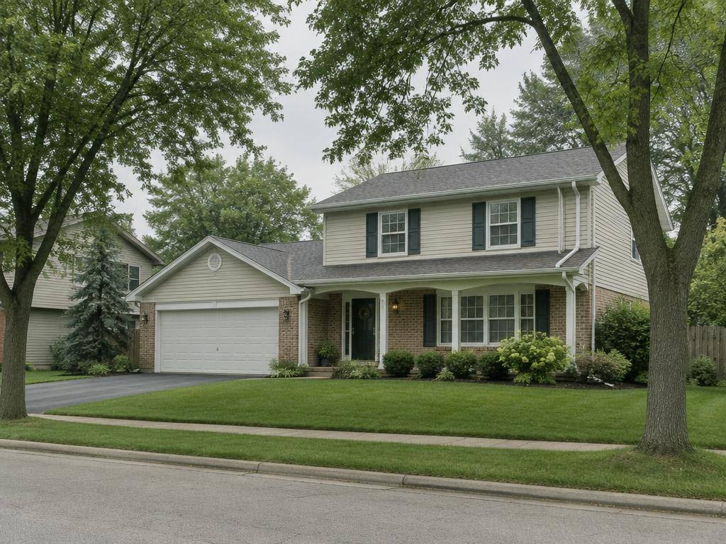 Two-story home with white gutters, seen from the street